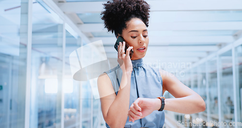 Image of Phone call, office and black woman check time while talking, chatting or speaking. Cellphone, business watch and female worker networking, discussion or conversation with contact on mobile smartphone