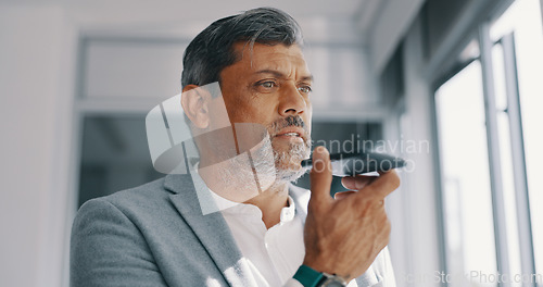 Image of Business man, smartphone and speaker for connection, conversation and calendar planning in workplace.. Ceo, leader and male entrepreneur with cellphone, discussion for schedule and corporate deal.