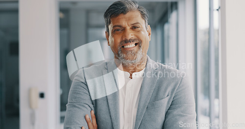 Image of CEO, face or senior businessman with leadership, success mindset or corporate experience in office building. Mentor, portrait or happy Indian manager director with career goals, vision or motivation