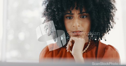 Image of Face, confused and business woman in office with glitch or 404 error on computer. Thinking, pc and black woman shaking head trying to solve problem, issue or mistake while working on marketing email.