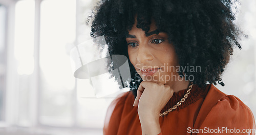 Image of Business, thinking and black woman in office with laptop working on report, online project and research. Vision, ideas and female worker with computer at desk brainstorming, planning and strategy