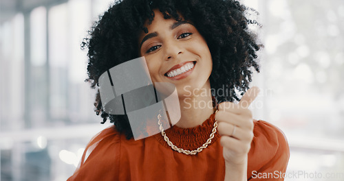 Image of Happy, office and black woman thumbs up for business achievement, target goals success or emoji hand sign. Employee congratulations, worker and portrait of African manager girl with thumb up feedback