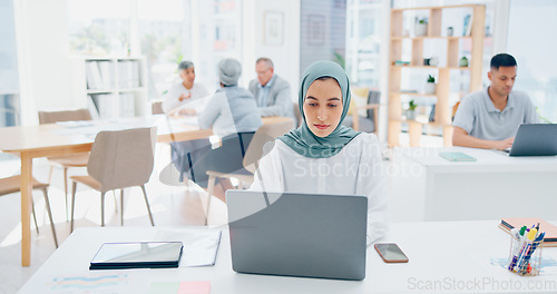 Image of Creative muslim woman, laptop and web design in marketing, advertising or branding startup at the office. Woman employee designer with hijab working on market strategy or design on computer at work