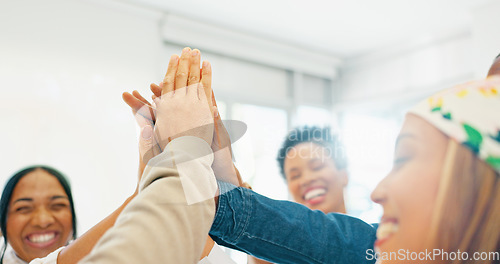 Image of Business people, teamwork or diversity in high five, support or collaboration growth, target or global goals. Smile, happy or hands together in office solidarity, motivation or winner success gesture