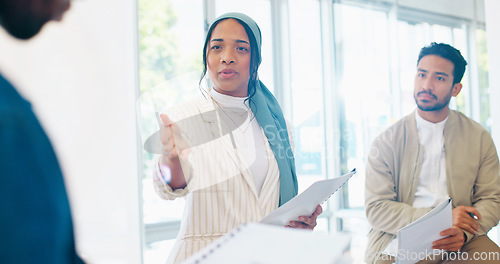 Image of Business woman, question and mentor in training, workshop or collaboration in diversity growth, target or teamwork goals. Happy speaker, talking and leadership on paper documents for office education