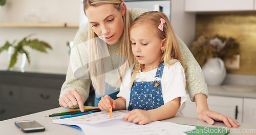 Image of Education, mother and learning child writing or drawing for kindergarten school homework or project in a house. Support, development and mama helping or working with a smart and creative girl student