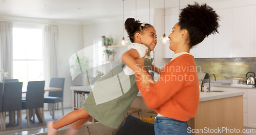 Image of Mother and daughter dancing, celebration and doing fun dance moving to love song in apartment with happy sisters, nanny or home mom. Woman, child care and black family for radio happiness energy time