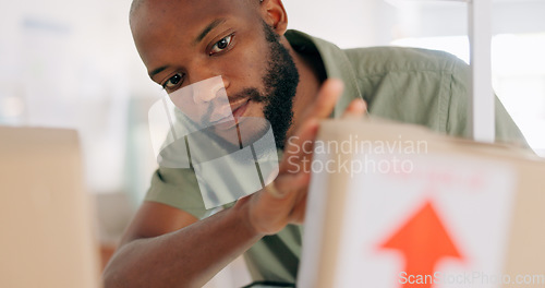 Image of Logistics, inventory and small business man with boxes check stock on shelf for supply chain, ecommerce and distribution office management. Courier service worker search for cardboard package or mail