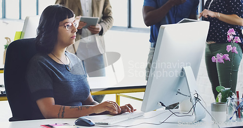 Image of Computer, research and business woman reading social network feedback, customer experience analytics or ecommerce. Digital brand monitoring, web database and media worker review of online survey data