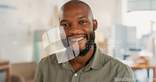 Image of Tablet, corporate and businessman working, planning and reading an email on the internet at work. Portrait of a happy African employee with a smile while typing and networking on technology