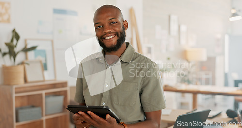 Image of Tablet, office and business black man with digital marketing, company asset management and startup career. Commerce, technology and businessman entrepreneur, boss or manager in a work smile portrait