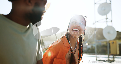 Image of Talking couple, fashion or bonding on city rooftop in New York in summer date, relax weekend or outdoor break. Smile, happy black man and woman or friends, students or tourists and cool style clothes