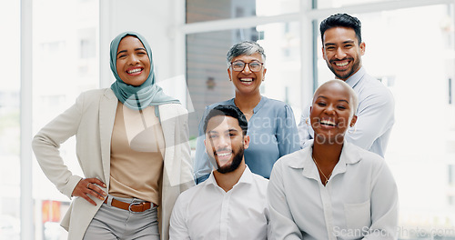 Image of Diversity, team portrait and smile together in office for collaboration support, startup happiness and excited employees. Interracial teamwork, group solidarity and happy corporate goals motivation