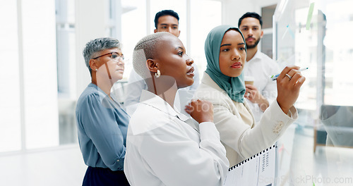 Image of Leadership, writing or business people with sticky notes for planning marketing SEO calendar, vision or mission. Teamwork, diversity or business woman in meeting for data analysis or strategy review