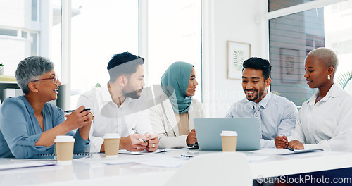 Image of Laptop, diversity or business people planning in office for marketing strategy, web SEO growth or research. Teamwork, happy or manager on tech for collaboration, social media or KPI documents review