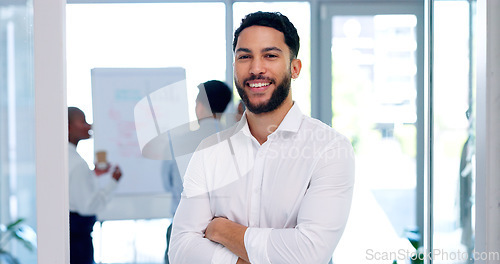 Image of Leadership, confidence and proud businessman in startup office with smile and vision at marketing workshop. Team leader, ceo and happy man, advisory consultant in creative advertising agency in India