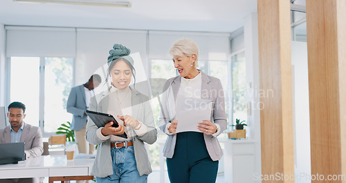 Image of Senior, CEO and worker high five for support, team work or sales goals at a digital agency business office. Smile, women winning or happy employees with motivation, vision or mission for success