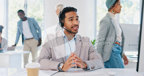 Image of Customer service, call center and man consulting in office workplace. Crm, customer support and telemarketing worker, sales agent or happy male consultant talking, networking or communication at desk