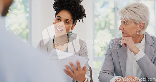 Image of Teamwork, documents and women in business meeting for planning, strategy and marketing report. Collaboration, management and professional workers in discussion with paperwork, review and proposal
