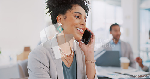 Image of Phone call, smile or business woman in office for comic communication, networking or happy conversation. Employee, manager or female with smartphone for success, discussion or startup deal motivation