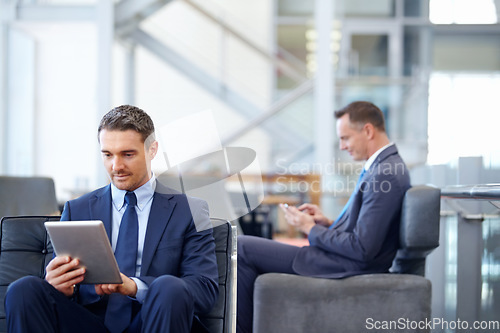 Image of Relax, tablet and networking with businessman in lounge of corporate company for search, internet and contact. Communication, planning and idea with men in lobby for technology, goal and email