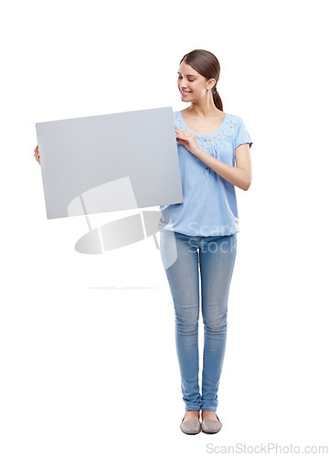 Image of Woman, blank board and happy standing in white background for advertising, marketing and branding vision. Model, smile and holding empty poster, billboard or news banner mockup isolated in studio