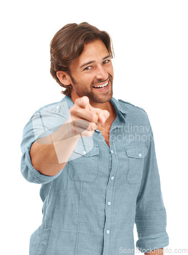 Image of White background, smile and portrait of man pointing in studio for motivation, choice and encouragement in studio. Marketing, advertising and mockup of male with hand gesture, point finger and sign