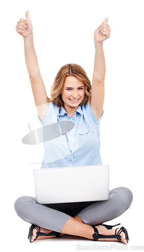 Image of Laptop, thumbs up and business woman on studio floor happy, excited and winning on white background. Portrait, hand and success sign by female entrepreneur celebrating good news, idea or mission plan