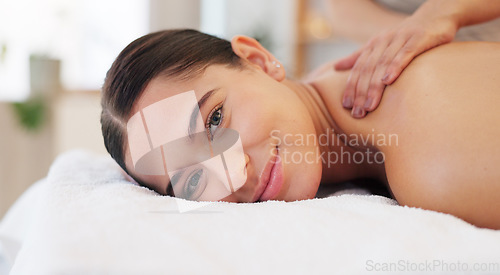 Image of Portrait, masseuse and woman back for massage to relax, happy and enjoy wellness for health, fitness or smile. Peaceful female, calm lady and spa for physical therapy, body treatment or stress relief