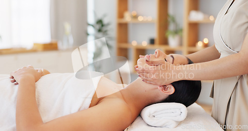 Image of Woman, relax and spa for facial, massage or beauty in healthy skin, wellness or luxury treatment at resort indoors. Female in calm, zen or physical therapy relaxing on massaging table for skincare