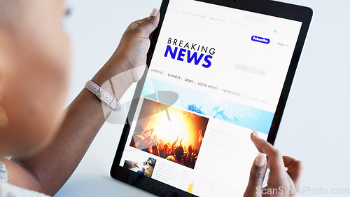 Image of Hands, tablet and news with a woman reading on a website and doing research on current events. Headline, article and information with the hand of a female user browsing the internet with an app