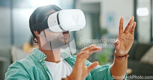 Image of Virtual reality, vr metaverse and black man work on cyber dashboard, augmented reality or ai software. Digital transformation, future headset and creative graphic designer with futuristic simulation