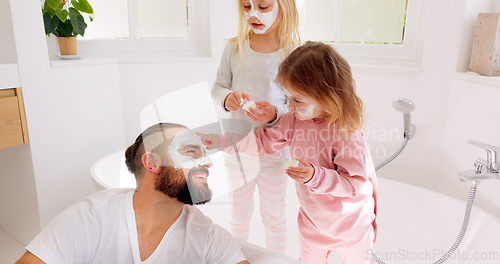 Image of Skincare, father and bonding with children or little girls in home bathroom. Fun, loving and caring dad bond with daughter siblings while applying face mask for smooth, glowing and healthy skin