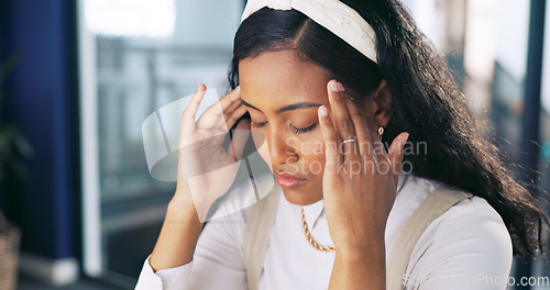 Image of Headache, stress and business woman with burnout, anxiety and mistake on computer pc. Tired, sad and frustrated manager sick in pain, crisis and poor mental health problem at desktop in modern office