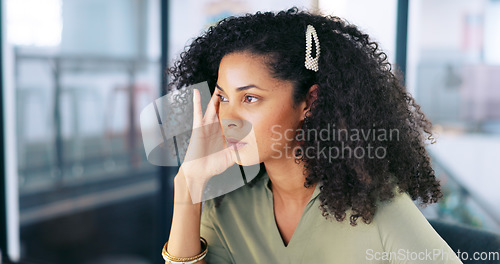 Image of Tired, massage and black woman at office with headache thinking of stress, mistake or fail. Tension, anxiety and burnout of girl at workplace with tired eyes massaging temples to relax.