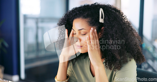 Image of Tired, massage and black woman at office with headache thinking of stress, mistake or fail. Tension, anxiety and burnout of girl at workplace with tired eyes massaging temples to relax.