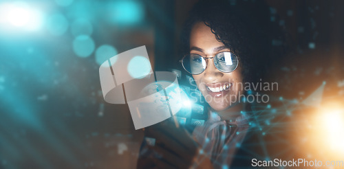 Image of Business woman, overlay and global tech at night for network connection and information technology. Iot, smile and future 3d world hologram mockup, person in dark workplace for digital data research