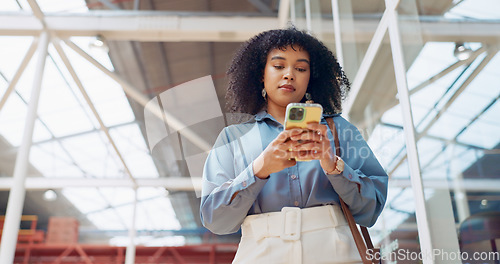 Image of Phone call, smile or black woman travel in airport, office building or street for communication, networking or 5g network. London, tech or happy girl with smartphone walking, commute or travelling