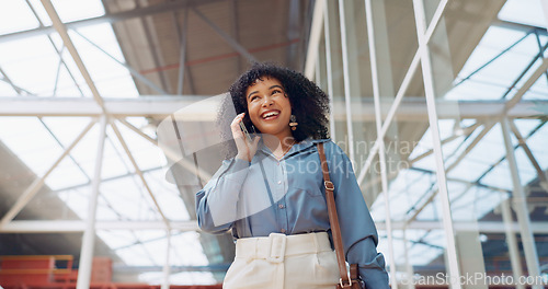 Image of Phone call, smile or black woman travel in airport, office building or street for communication, networking or 5g network. London, tech or happy girl with smartphone walking, commute or travelling