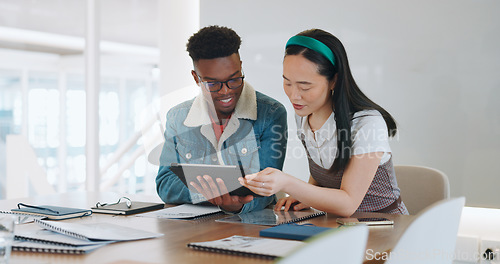 Image of Business people, tablet or web design meeting in modern office, digital marketing company or advertising startup. Happy smile, talking creative designers and black man, asian woman on logo technology