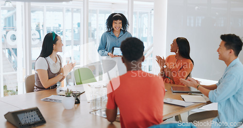 Image of Presentation, tablet and planning with business people in meeting for review, agenda and branding idea. Marketing strategy, logo and coaching with employee in startup for vision, creative and data
