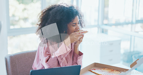 Image of Business woman, pizza and eating in office, enjoy lunch with fast food meal and hungry while working. Professional black woman on break, food and nutrition with success and satisfaction.