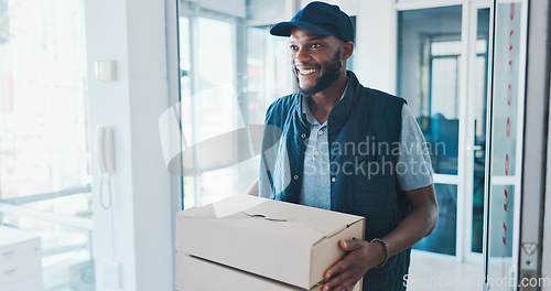 Image of Black man ecommerce and box for delivery to office, excited and wow for deal, discount or gift. Happy delivery man, e commerce customer and logistics in startup workplace for online shopping