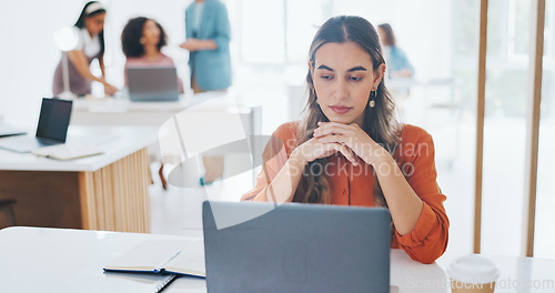 Image of Corporate woman, smile and face in office for vision, success and goals at digital marketing startup. Woman, desk and happy in portrait for seo, marketing and goals in modern office in San Francisco