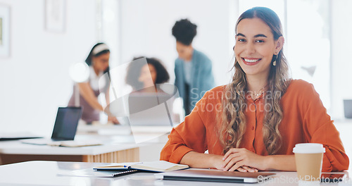 Image of Corporate woman, smile and face in office for vision, success and goals at digital marketing startup. Woman, desk and happy in portrait for seo, marketing and goals in modern office in San Francisco