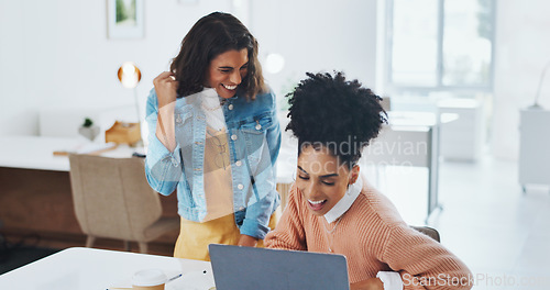 Image of High five, laptop or happy employees with success in celebration of digital marketing SEO goals or kpi target. Bonus, wow or excited black woman or girl winner celebrate winning, email or good news