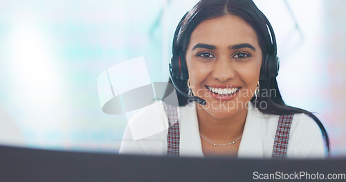 Image of Face, contact us or woman in call center consulting, talking or helping clients with financial or loan advice. Customer services, portrait or telemarketing agent with a happy smile speaking on mic