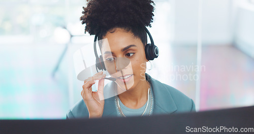 Image of Contact us, crm or black woman in a call center consulting, communication or speaking of loan advice at office desk. Telemarketing, customer support or African agent helping a life insurance client