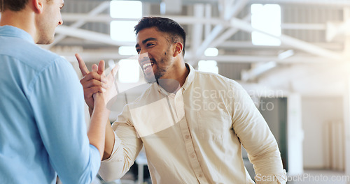 Image of Handshake, greeting and business men at work with a welcome, thank you or communication. Happy, casual and corporate employees with hand gesture for a hello, agreement and coworking in an office