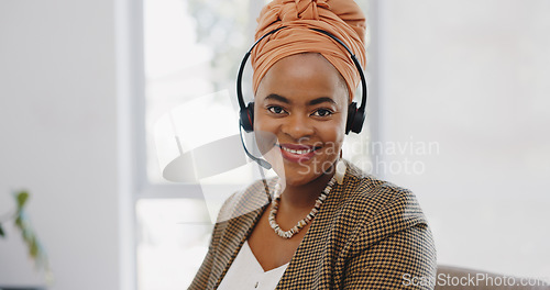 Image of Face, customer service and black woman at call center consulting in office. Telemarketing, customer support or female sales agent, consultant and employee in communication, talking or speaking on mic